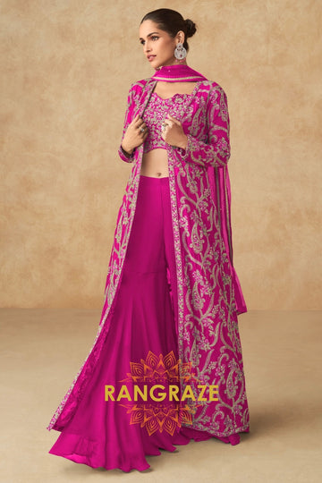 Hot Pink Embroidered Georgette Sharara Suit Set