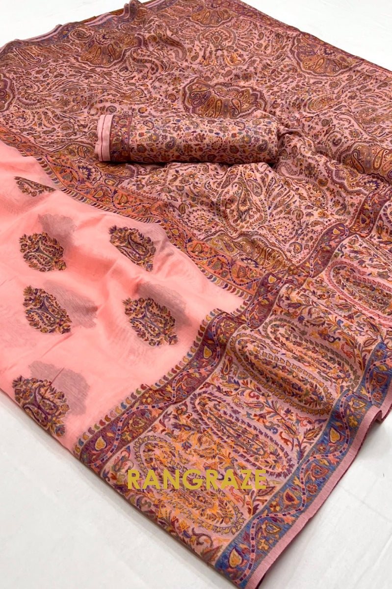 Majestic Peach Pink Woven Kashmiri Jamewar Modal Silk Saree