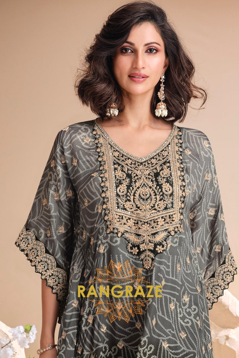Charcoal Grey Embroidered Blended Silk Kaftan Suit Set