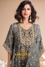 Charcoal Grey Embroidered Blended Silk Kaftan Suit Set