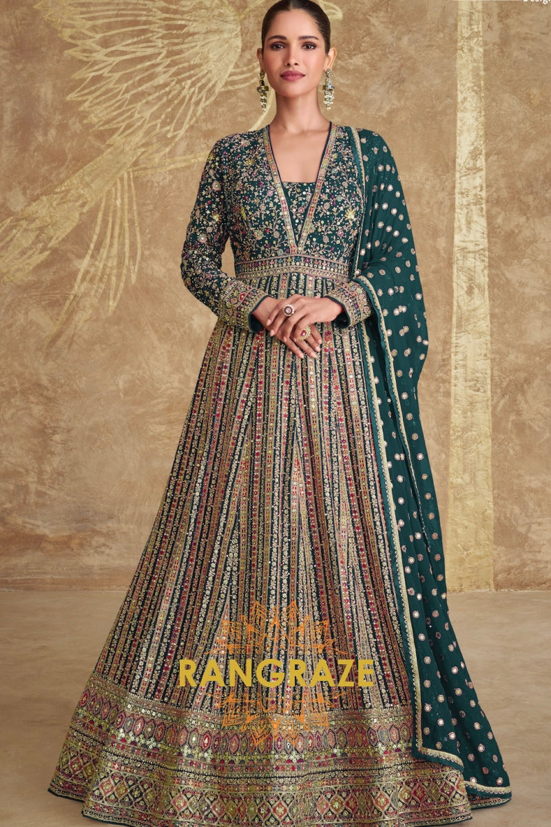 Emerald Green Embroidered Silk Anarkali Suit Set