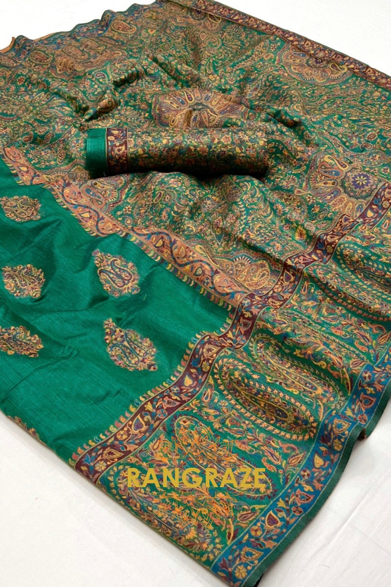 Majestic Forest Green Woven Kashmiri Jamewar Modal Silk Saree