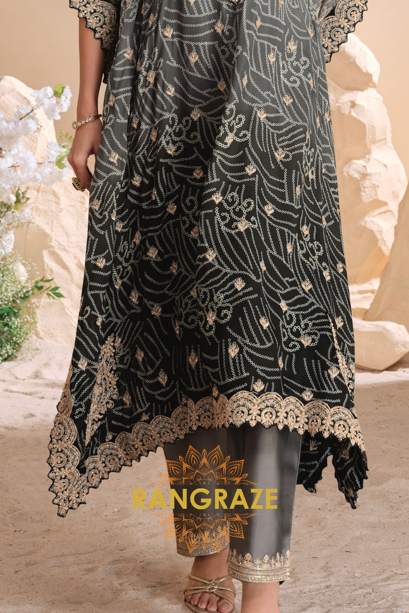 Charcoal Grey Embroidered Blended Silk Kaftan Suit Set