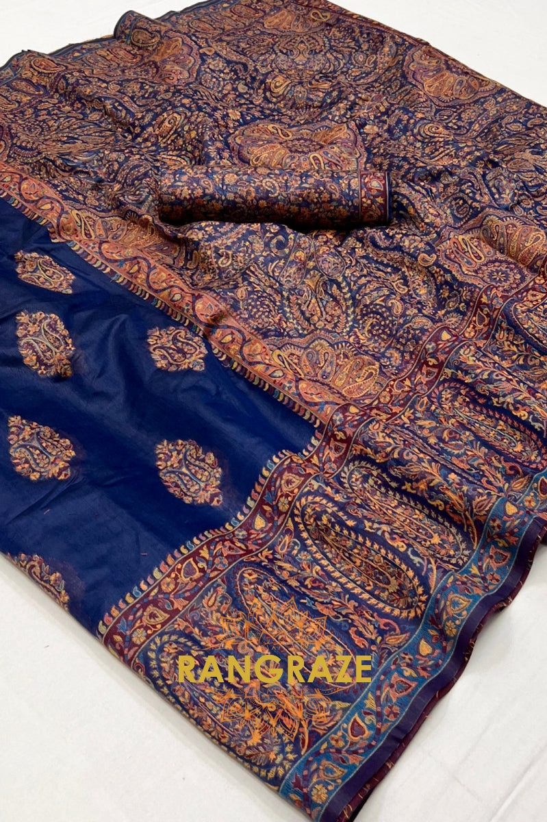 Majestic Navy Blue Woven Kashmiri Jamewar Modal Silk Saree