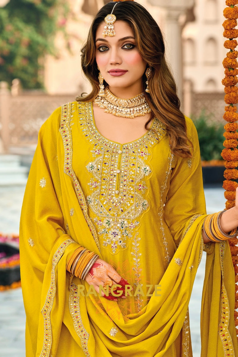 Mustard Yellow Embroidered Chinon Suit Set