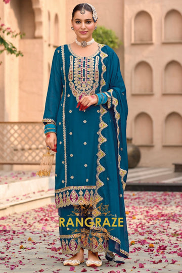 Exquisite Teal Silk Embroidered Palazzo Suit