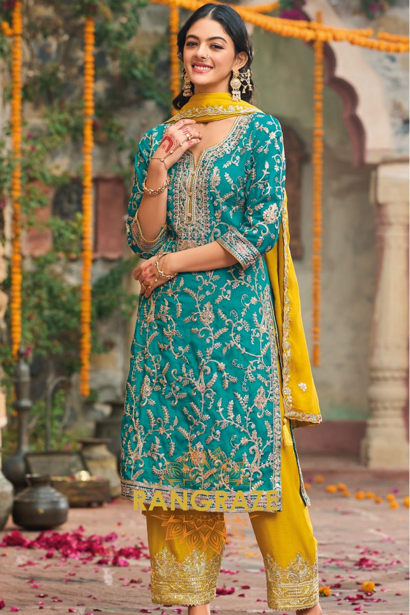 Teal and Mustard Heavy Silk Embroidered Straight-Cut Suit