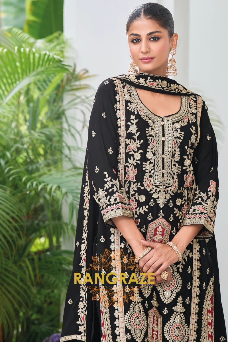 Majestic Black Resham and Zari Embroidered Palazzo Suit