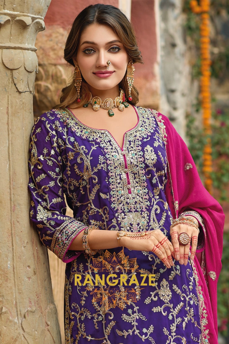 Regal Purple and Fuchsia Embroidered Silk Salwar Suit