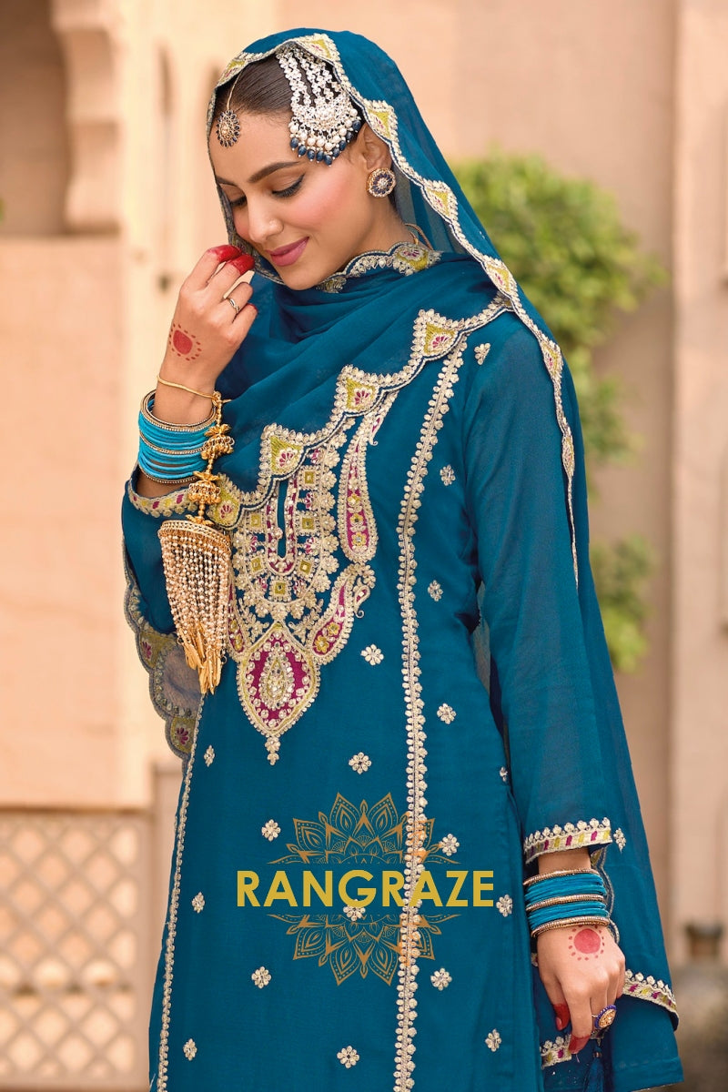 Exquisite Teal Silk Embroidered Palazzo Suit