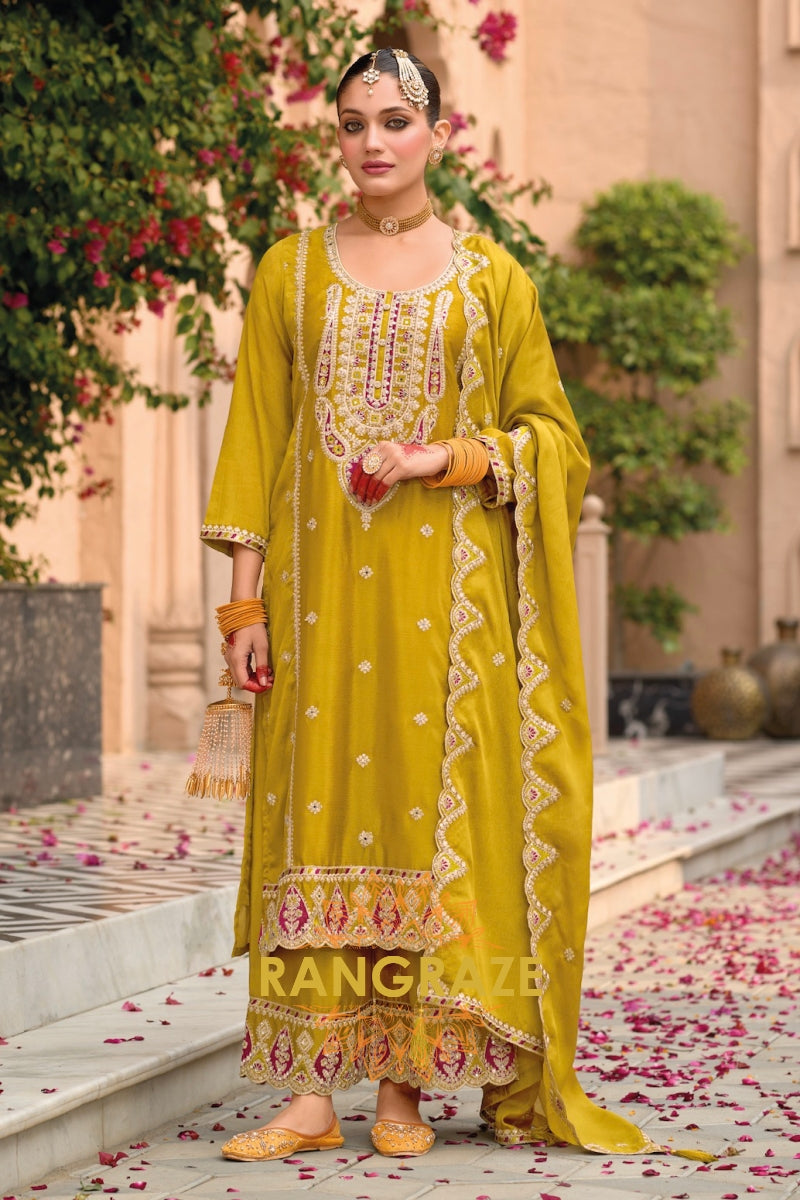 Majestic Mustard Chinon Silk Embroidered Palazzo Suit Set