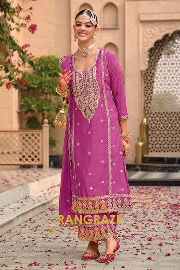 Radiant Purple Embroidered Palazzo Suit Set