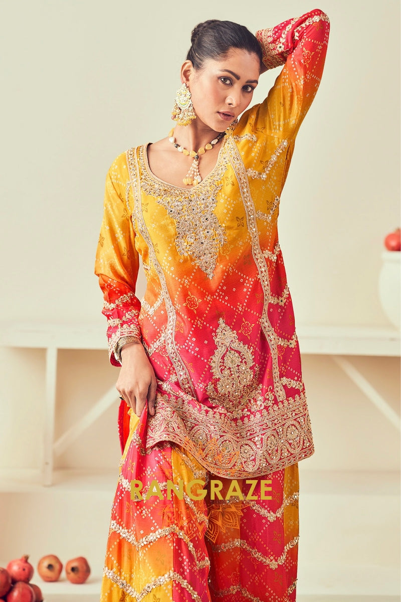 Orange-Yellow Sharara Suit Set.