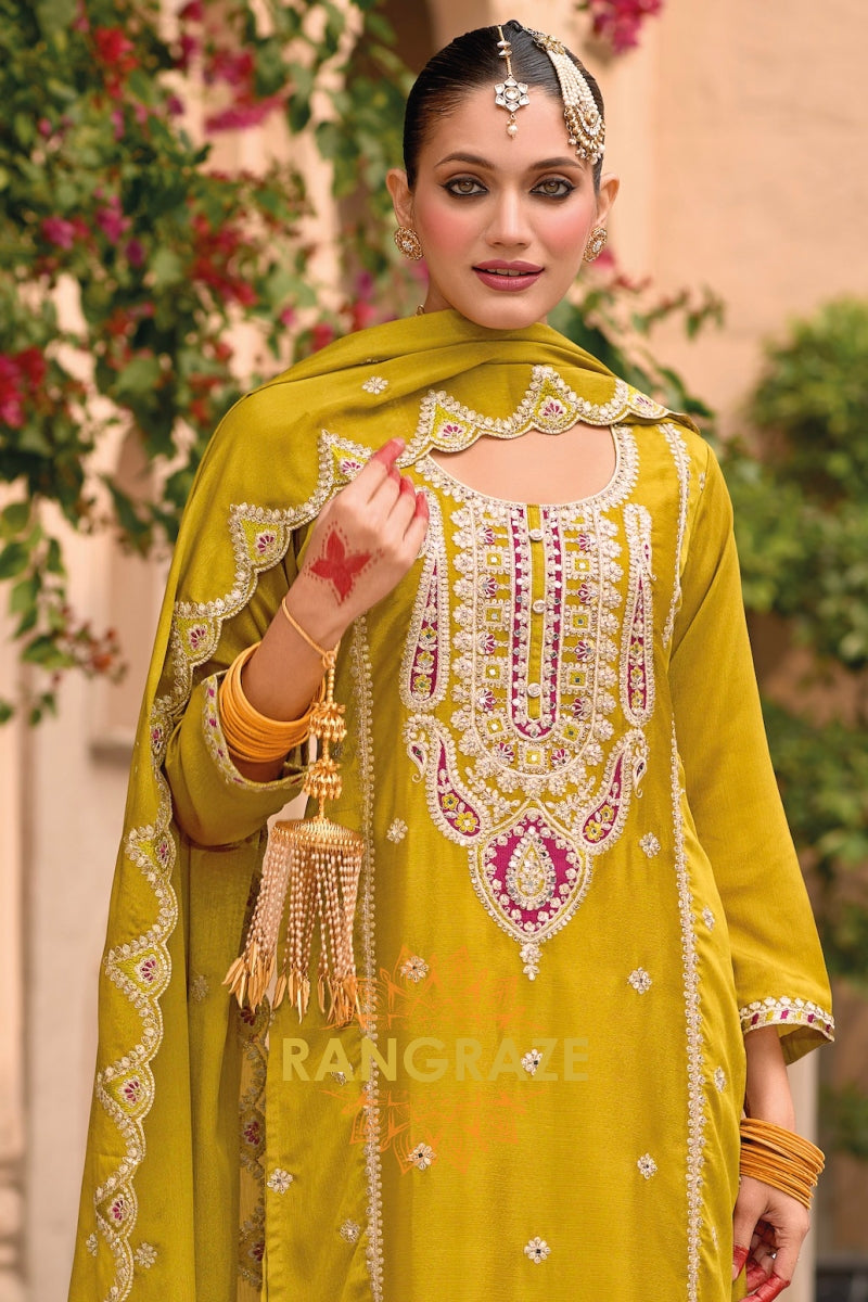 Majestic Mustard Chinon Silk Embroidered Palazzo Suit Set