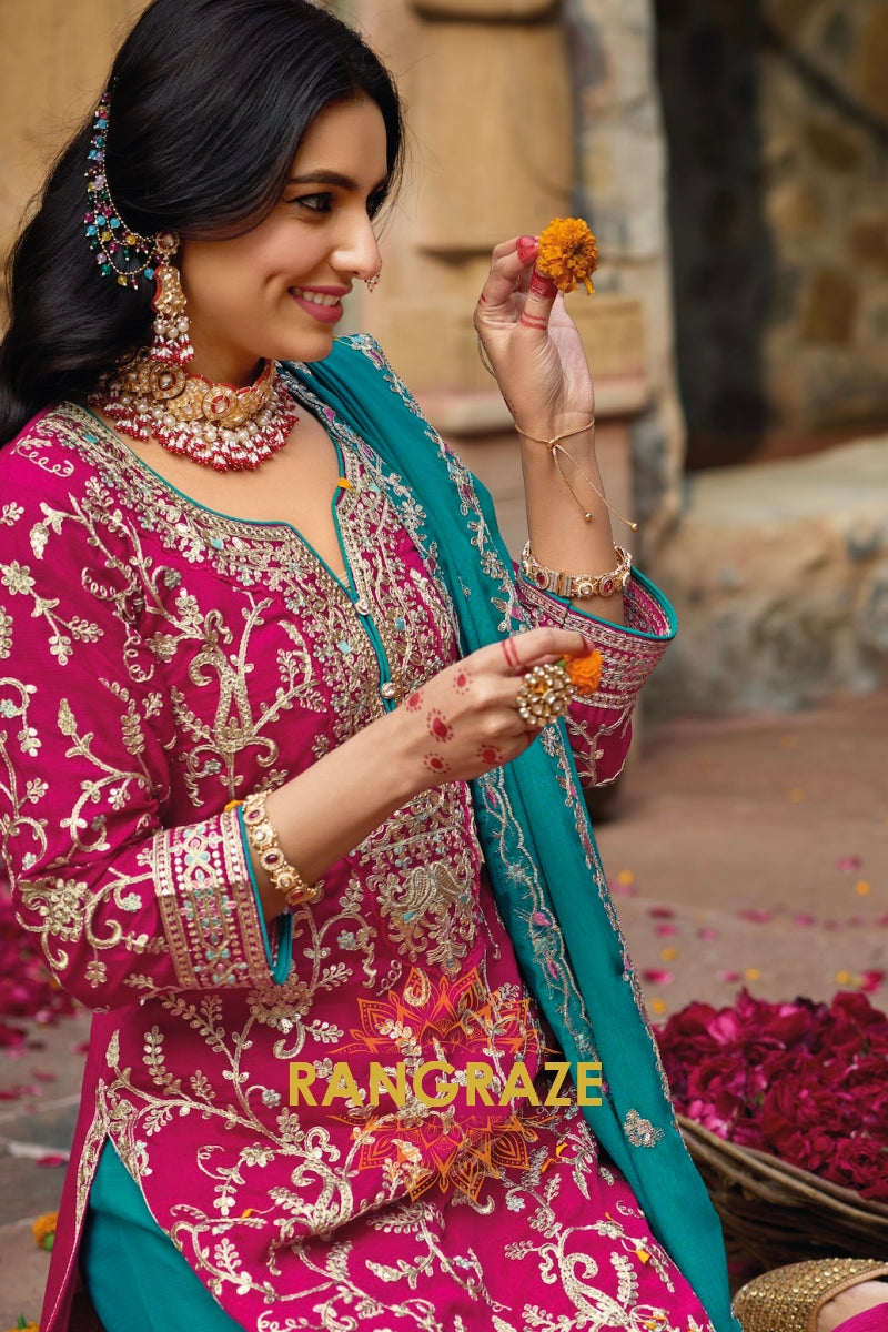 Regal Pink and Teal Embroidered Silk Suit Set