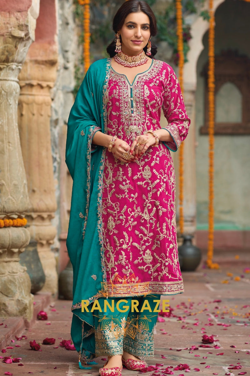 Regal Pink and Teal Embroidered Silk Suit Set