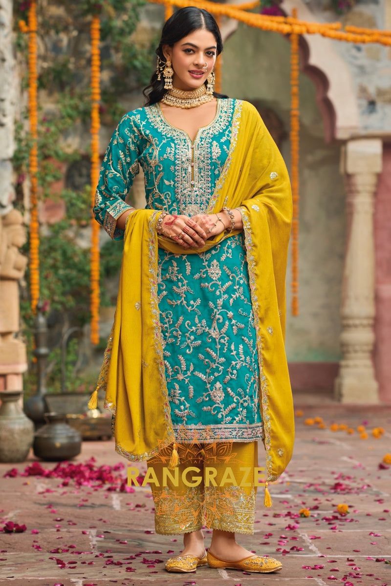 Teal and Mustard Heavy Silk Embroidered Straight-Cut Suit