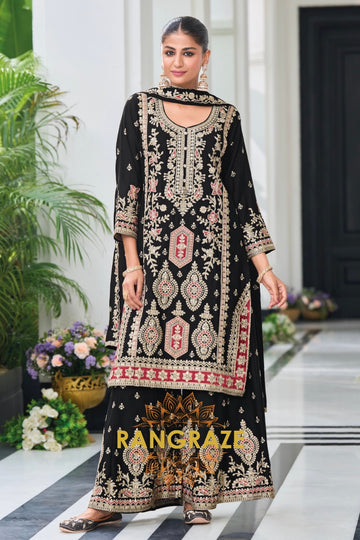 Majestic Black Resham and Zari Embroidered Palazzo Suit