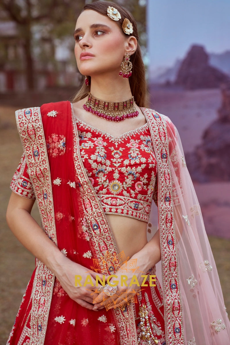 Red Pure Silk Bridal Lehenga Choli with Moti, Sequins, and Intricate Embroidery