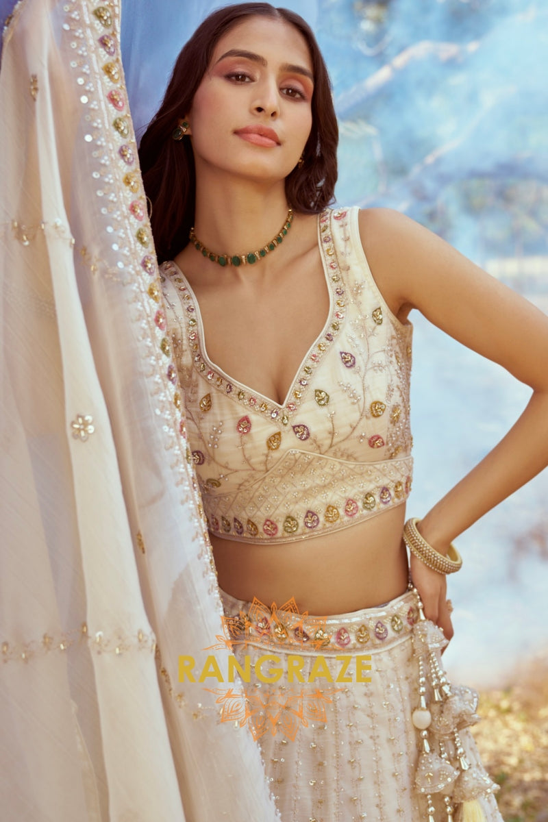 Cream Gold Crushed Tissue Fabric Semi-Stitched Lehenga Choli with Handwork Moti and Zari Embroidery