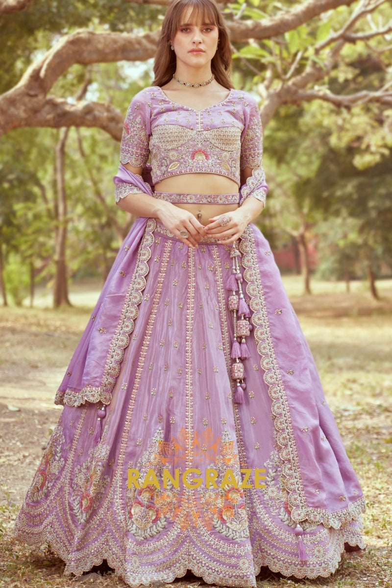 Lavender Gold Crushed Tissue Fabric Semi-Stitched Lehenga Choli with Moti and Zari Embroidery