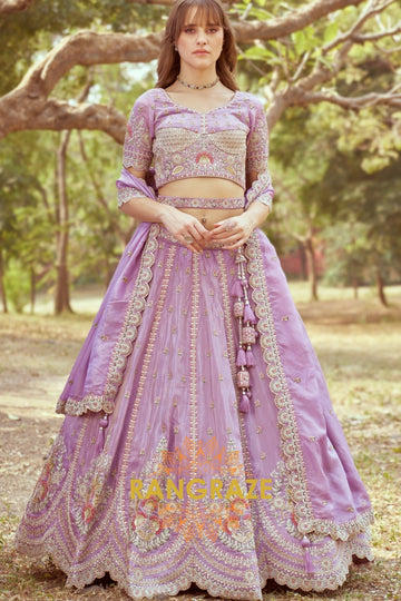 Lavender Gold Crushed Tissue Fabric Semi-Stitched Lehenga Choli with Moti and Zari Embroidery