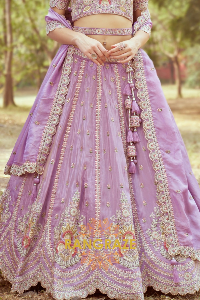 Lavender Gold Crushed Tissue Fabric Semi-Stitched Lehenga Choli with Moti and Zari Embroidery