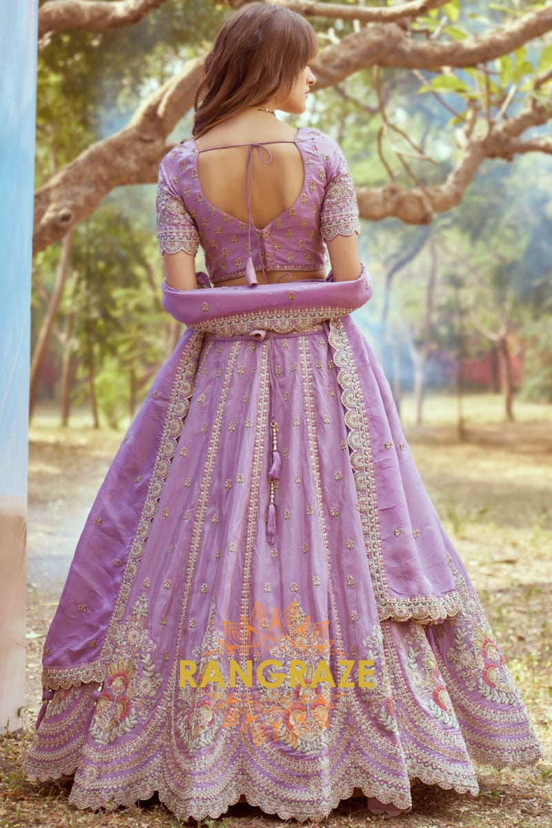 Lavender Gold Crushed Tissue Fabric Semi-Stitched Lehenga Choli with Moti and Zari Embroidery