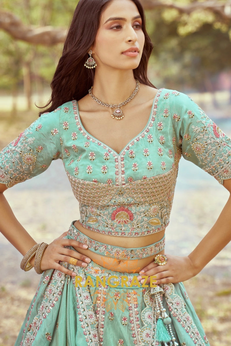 Sea Green Gold Crushed Tissue Fabric Semi-Stitched Lehenga Choli with Moti and Zari Embroidery