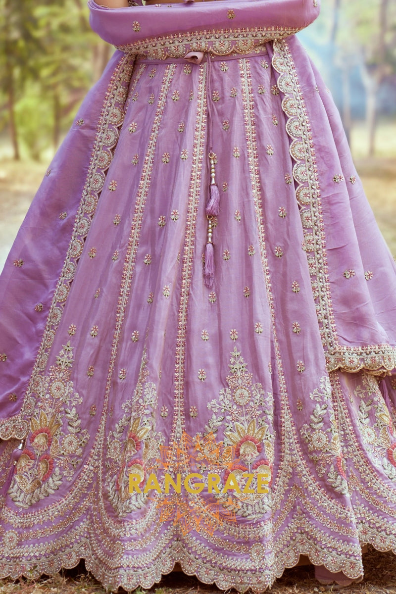 Lavender Gold Crushed Tissue Fabric Semi-Stitched Lehenga Choli with Moti and Zari Embroidery