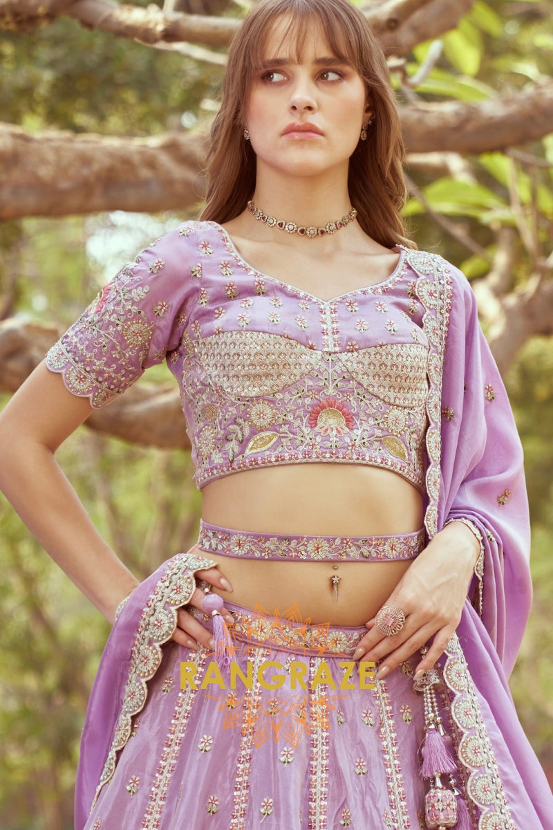 Lavender Gold Crushed Tissue Fabric Semi-Stitched Lehenga Choli with Moti and Zari Embroidery