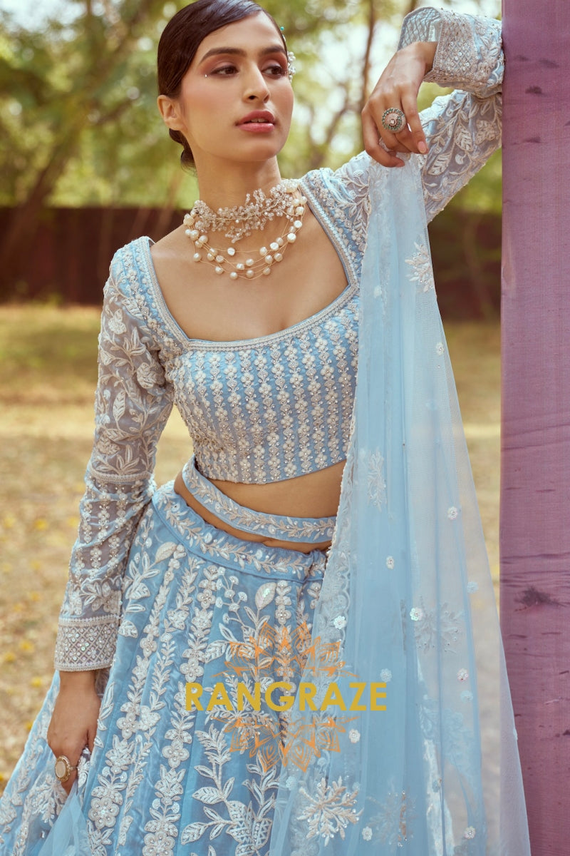 Sky Blue Organza Semi-Stitched Lehenga Choli with Sequins, Zarkan, and Embroidery Detailing