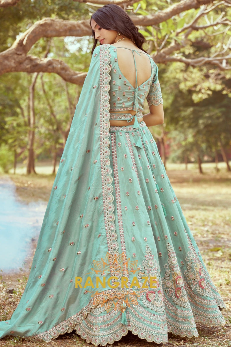 Sea Green Gold Crushed Tissue Fabric Semi-Stitched Lehenga Choli with Moti and Zari Embroidery