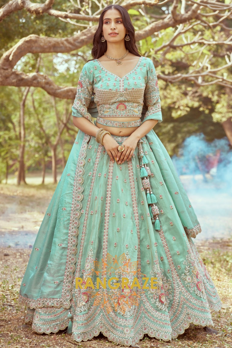 Sea Green Gold Crushed Tissue Fabric Semi-Stitched Lehenga Choli with Moti and Zari Embroidery