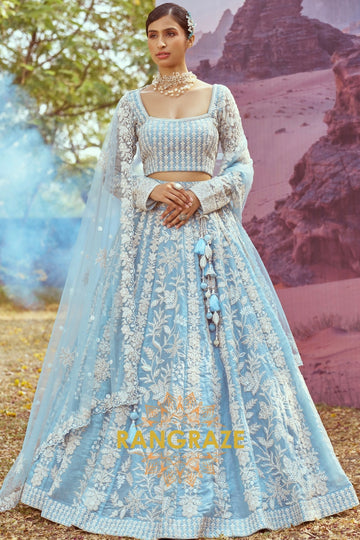 Sky Blue Organza Semi-Stitched Lehenga Choli with Sequins, Zarkan, and Embroidery Detailing