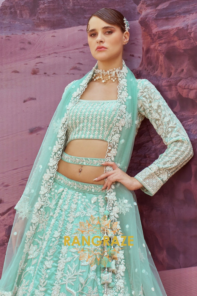 Sea Green Organza Semi-Stitched Lehenga Choli with Sequins, Zarkan, and Intricate Embroidery