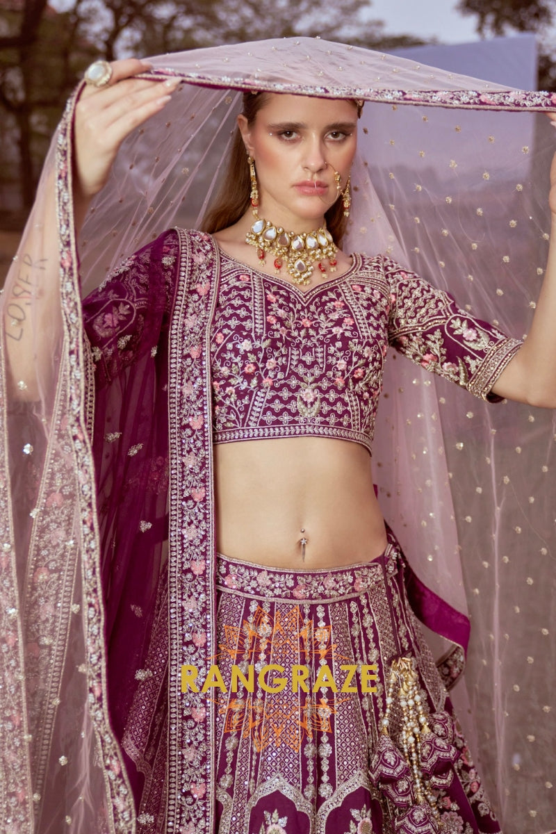 Plum Pure Silk Bridal Lehenga Choli with Moti, Sequins, and Exquisite Embroidery