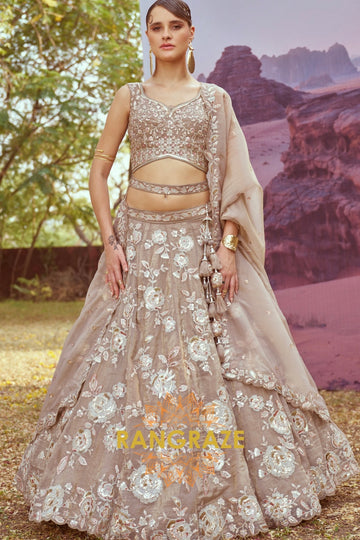 Beige Organza Semi-Stitched Lehenga Choli with Multi-Color Sequins and Embroidery