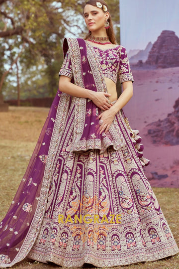 Purple Pure Silk Bridal Lehenga Choli with Moti, Zarkan, and Intricate Embroidery