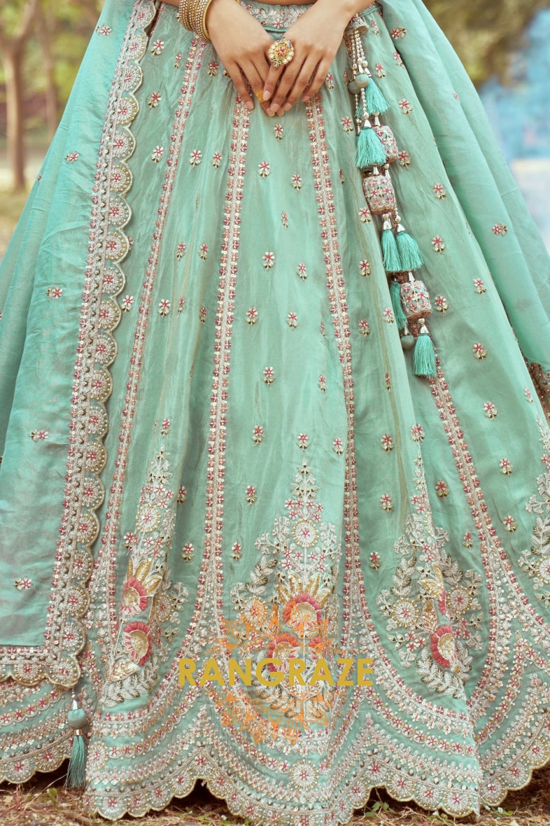 Sea Green Gold Crushed Tissue Fabric Semi-Stitched Lehenga Choli with Moti and Zari Embroidery