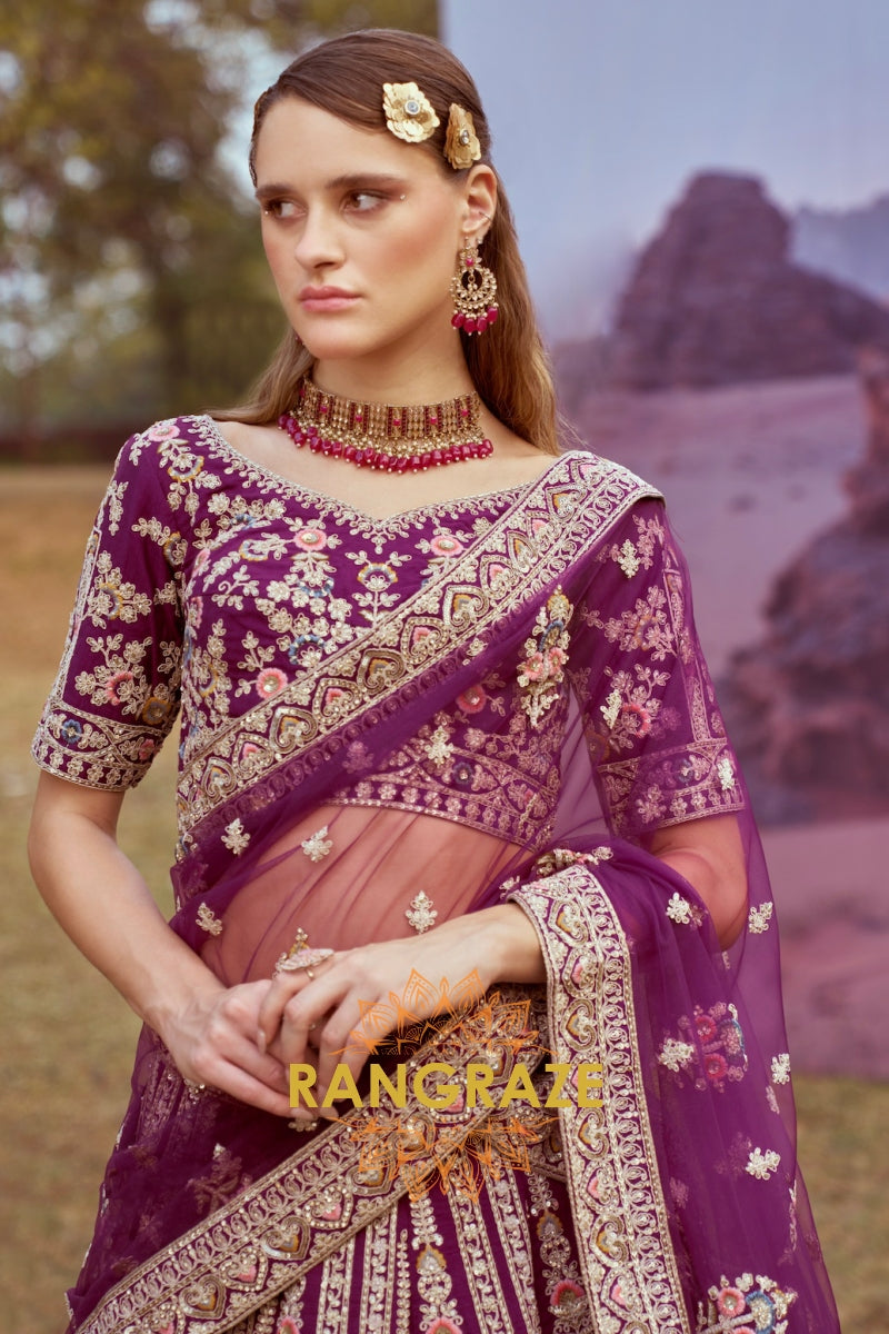 Purple Pure Silk Bridal Lehenga Choli with Moti, Zarkan, and Intricate Embroidery