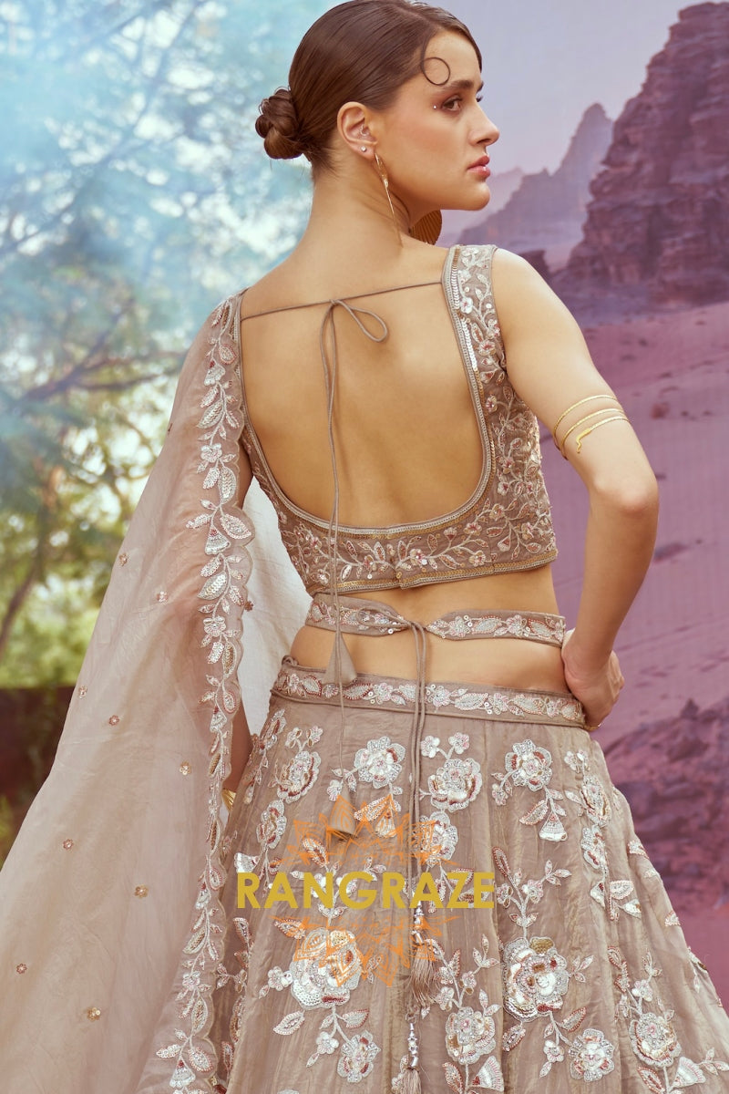 Beige Organza Semi-Stitched Lehenga Choli with Multi-Color Sequins and Embroidery