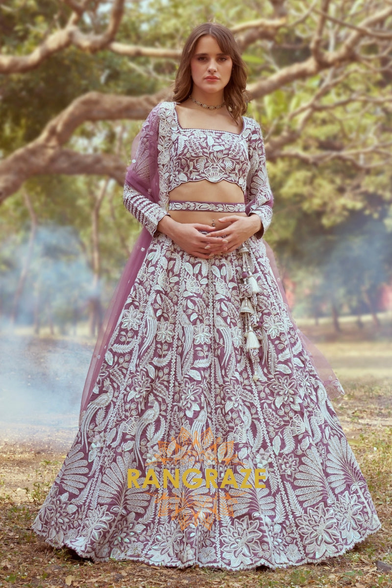 Lavender Pure Satin Semi-Stitched Lehenga Choli with Sequins, Moti, and Intricate Embroidery