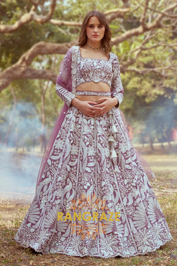 Lavender Pure Satin Semi-Stitched Lehenga Choli with Sequins, Moti, and Intricate Embroidery