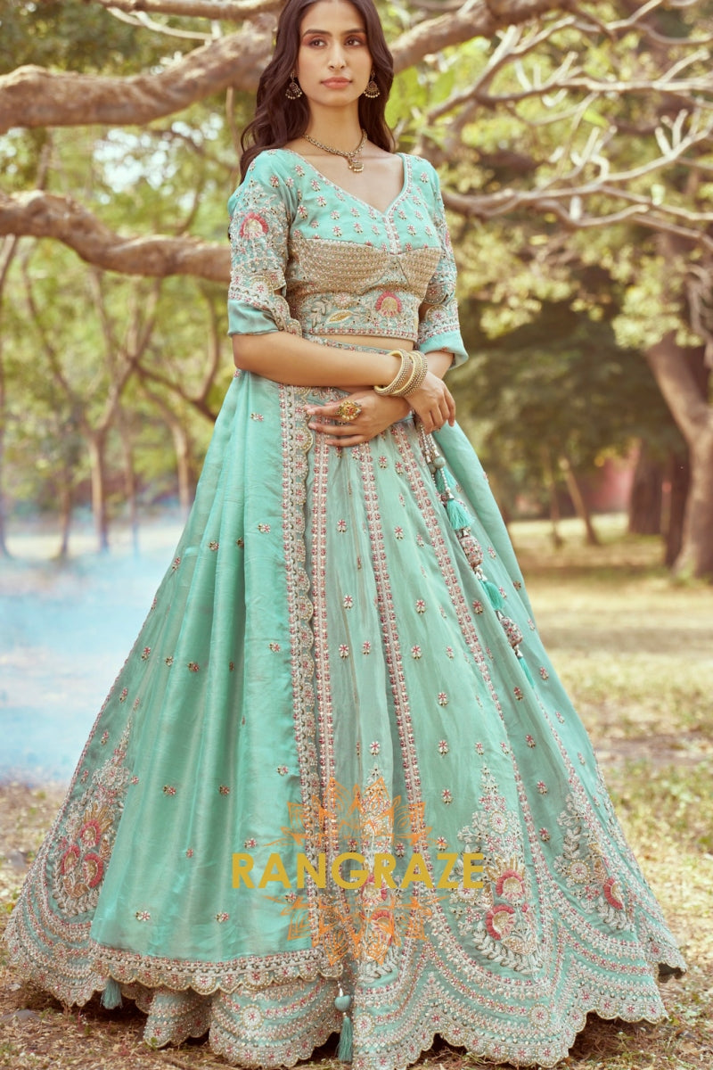 Sea Green Gold Crushed Tissue Fabric Semi-Stitched Lehenga Choli with Moti and Zari Embroidery