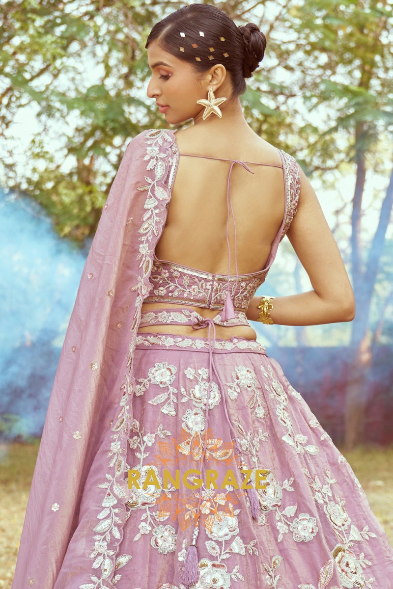 Lavender Organza Semi-Stitched Lehenga Choli with Multi-Color Sequins and Embroidery