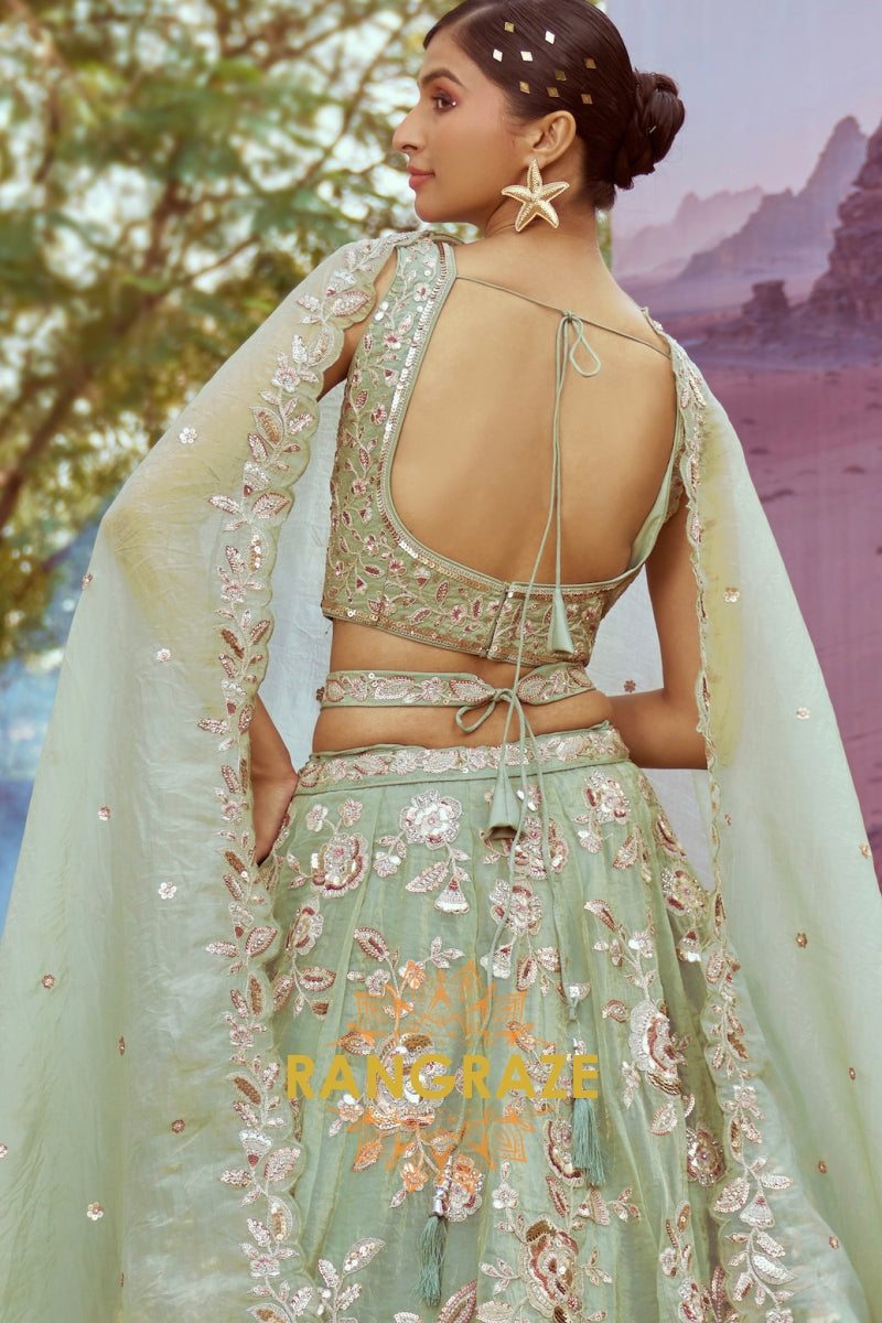 Lime Green Organza Semi-Stitched Lehenga Choli with Multi-Color Sequins and Intricate Embroidery