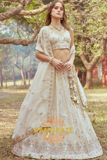 Cream Gold Crushed Tissue Semi-Stitched Lehenga Choli with Handwork Moti and Zari Embroidery