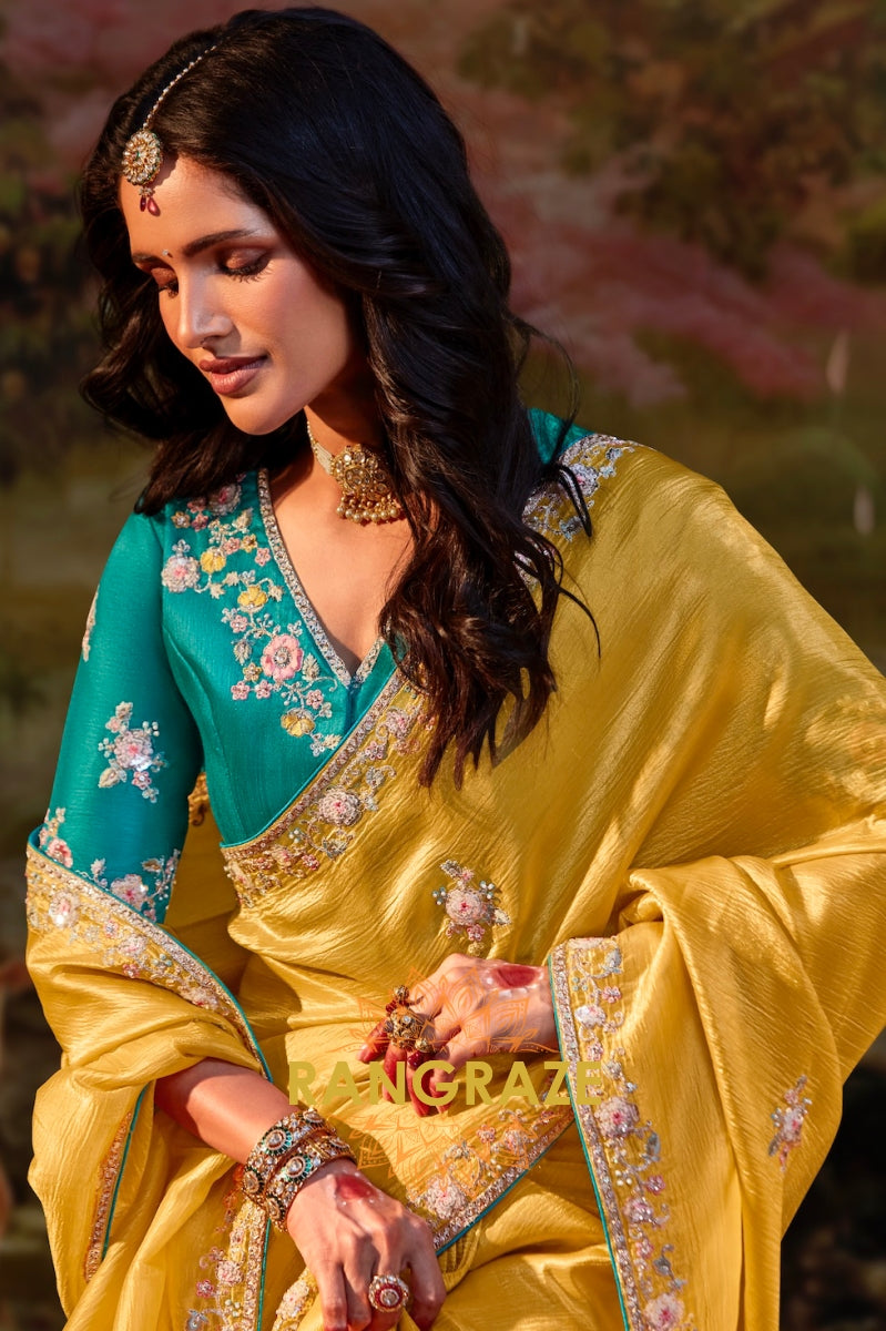 Golden Marigold: Designer Organza Embroidered Saree