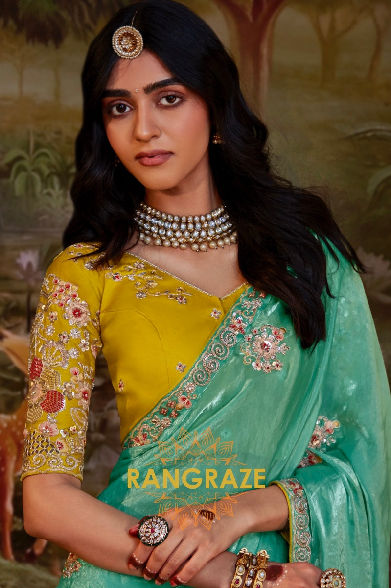 Mint Yellow: Designer Organza Floral Embroidered Saree